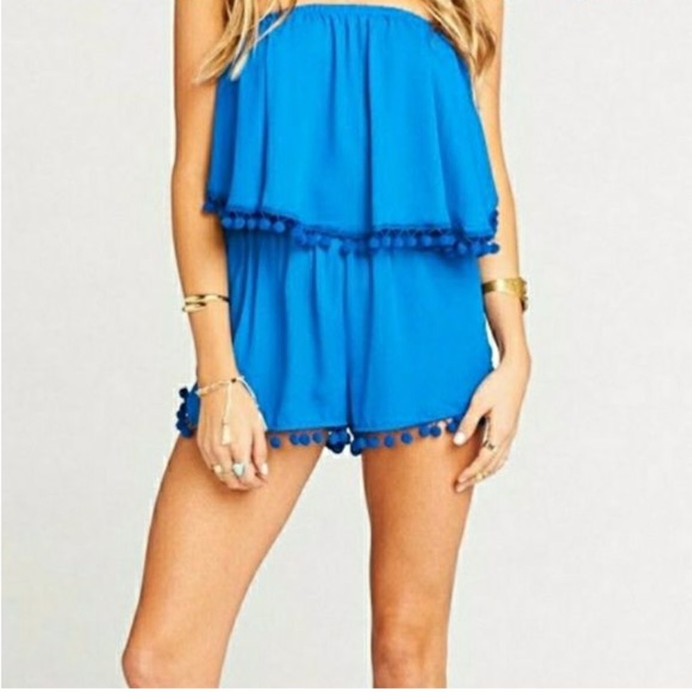 Show Me Your Mumu Banjo Pom Pom Crop Top + Sammy Pom Pom Shorts in Cobalt
